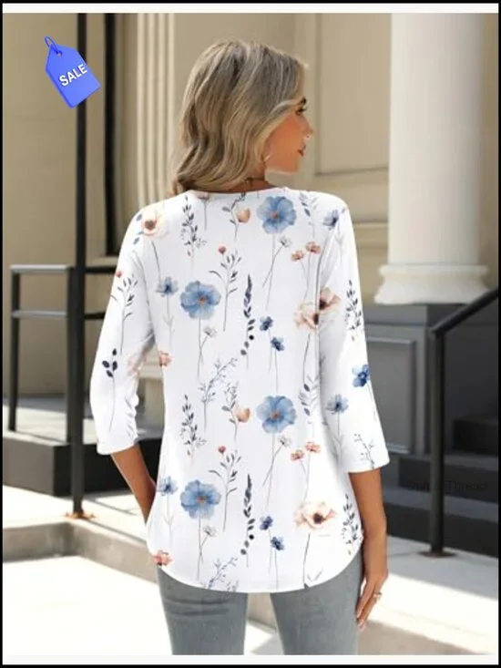 3/4 Sleeve Crew Neck Tunic Top, Loose Fit, Pleated Front, Polyester Blend - Picture 3 of 7